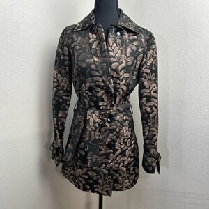Vtg Carlisle Double Breasted Trench Jacket Women's 2 Black & Brown Floral Classy